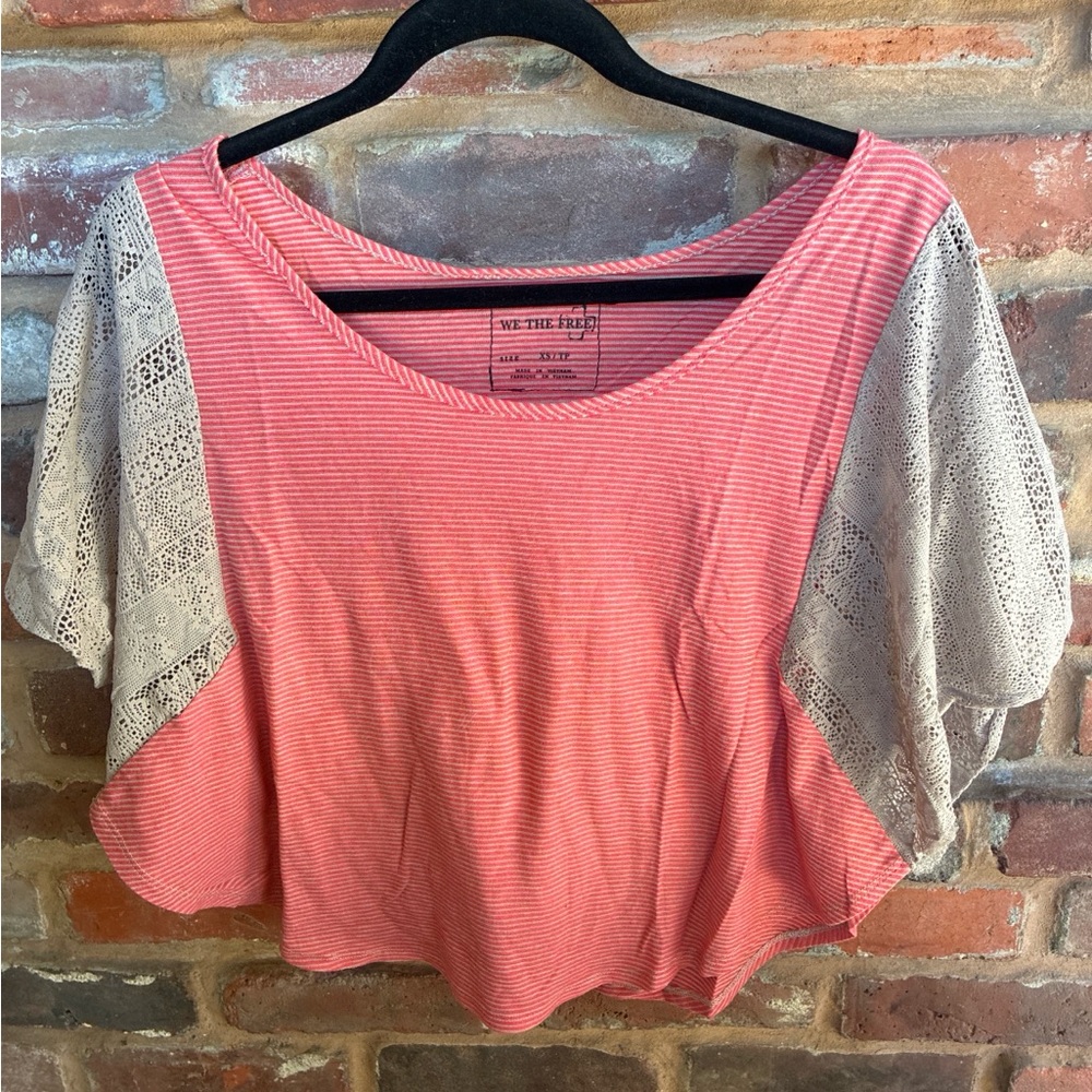 We The Free Coral Pink Stripe Crop Top with Cream Crochet Sleeves